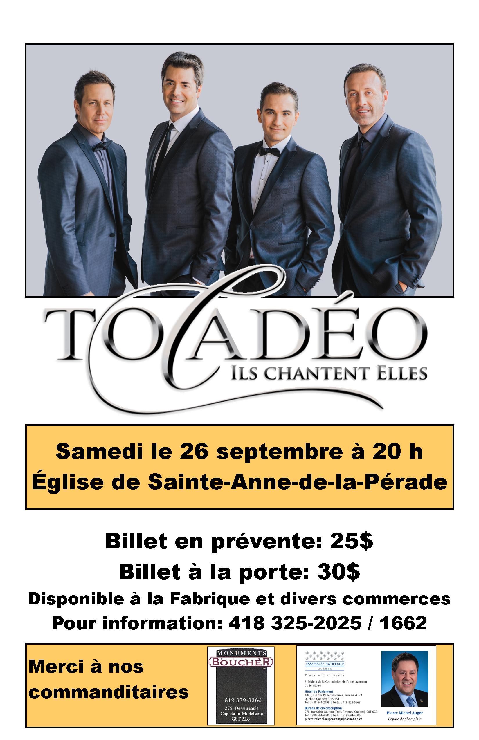 Spectacle bénéfice avec Tocadéo à l'église Ste-Anne-de-la-Pérade le 26 septembre 2015 à 20 h